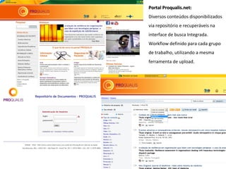 Portal Proqualis.net:
Diversos conteúdos disponibilizados
via repositório e recuperáveis na
interface de busca Integrada.
Workflow definido para cada grupo
de trabalho, utilizando a mesma
ferramenta de upload.
 