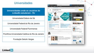 Universidades
Universidades onde os usuários do
LinkedIn estudaram - RJ
Universidade Estácio de Sá
Universidade Federal do Rio de Janeiro
Universidade Federal Fluminense
Pontifícia Universidade Católica do Rio de Janeiro
Fundação Getulio Vargas
 