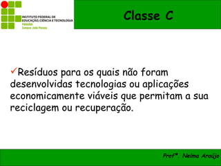 Classe C



Resíduos para os quais não foram
desenvolvidas tecnologias ou aplicações
economicamente viáveis que permitam a sua
reciclagem ou recuperação.



                               Profª. Nelma Araújo
 