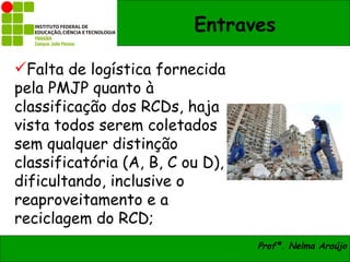 Entraves

Falta de logística fornecida
pela PMJP quanto à
classificação dos RCDs, haja
vista todos serem coletados
sem qualquer distinção
classificatória (A, B, C ou D),
dificultando, inclusive o
reaproveitamento e a
reciclagem do RCD;
                                  Profª. Nelma Araújo
 
