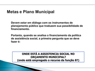 ONDE ESTÁ A ASSISTENCIA SOCIAL NO ORÇAMENTO MUNICIPAL? (onde está empregado o recurso da função 8?) Devem estar em diálogo com os instrumentos de planejamento público que traduzem sua possibilidade de financiamento. Portanto, quando se analisa o financiamento da política de assistência social, a primeira pergunta que se deve fazer é: 