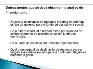 Se existe destinação de recursos próprios da referida esfera de governo para o fundo de assistência social; Se a esfera estadual e federal estão participando do cofinanciamento da assistência social junto aos municípios;  Se o fundo se constitui em unidade orçamentária; Qual o percentual de destinação de recursos para a função assistência social e para o fundo em relação ao orçamento geral. 