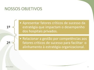 NOSSOS OBJETIVOS 
1º 
• Apresentar fatores críticos de sucesso da 
estratégia que impactam o desempenho 
dos hospitais privados. 
2º 
• Relacionar a gestão por competências aos 
fatores críticos de sucesso para facilitar o 
alinhamento à estratégia organizacional. 
09/11/2014 4 
 