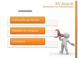 CONSIDERAÇÕES



Implicações gerenciais


Métodos de pesquisa


Limitações
 