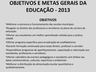 OBJETIVOS E METAS GERAIS DA
         EDUCAÇÃO - 2013
                              OBJETIVOS
•Melhorar a estrutura e funcionamento das escolas municipais.
•Resgatar os direitos dos professores e servidores no plano de carreira da
educação.
•Ofertar aos estudantes um melhor aprendizado voltado para a prática
cidadã.
•Ofertar programa específico para erradicação do analfabetismo.
•Garantir formação continuada para corpo diretor, professor e servidor.
•Disponibilizar programas de aperfeiçoamento, capacitação e valorização aos
estudantes, professores e servidores.
•Ofertar calendário de eventos pedagógicos e estudantis com ênfase nas
datas comemorativas, culturais, esportivas e ambientais.
•Melhorar a distribuição da alimentação escolar quantitativa e
qualitativamente.
 