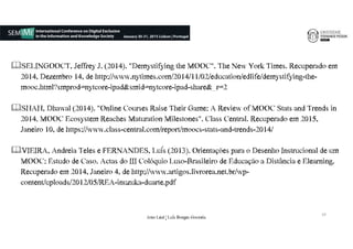 SELINGOOCT,€Jeffrey€J.€(2014).€"Demystifying€the€MOOC".€The€New€York€Times.€Recuperado em
2014,€Dezembro 14,€de€http://www.nytimes.com/2014/11/02/education/edlife/demystifying-the-
mooc.html?smprod=nytcore-ipad&smid=nytcore-ipad-share&_r=2
SHAH,€Dhawal (2014).€"Online€Courses€Raise€Their€Game:€A€Review€of€MOOC€Stats€and€Trends€in€
2014.€MOOC€Ecosystem€Reaches€Maturation€Milestones".€Class€Central.€Recuperado em 2015,€
Janeiro€10,€de€https://www.class-central.com/report/moocs-stats-and-trends-2014/
VIEIRA,€Andreia€Teles€e€FERNANDES,€Luís€(2013).€Orientações€para€o€Desenho€Instrucional de€um€
MOOC:€Estudo€de€Caso.€Actas do€III€Colóquio€Luso-Brasileiro€de€Educação€a€Distância€e€Elearning.€
Recuperado€em€2014,€Janeiro€4,€de€http://www.artigos.livrorea.net.br/wp-
content/uploads/2012/05/REA-inuzuka-duarte.pdf
19
João€Leal€|€Luís€Borges€Gouveia
 