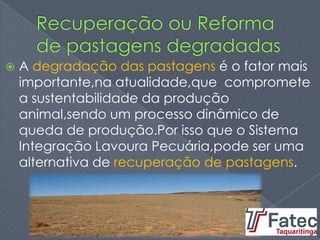  A degradação das pastagens é o fator mais
importante,na atualidade,que compromete
a sustentabilidade da produção
animal,sendo um processo dinâmico de
queda de produção.Por isso que o Sistema
Integração Lavoura Pecuária,pode ser uma
alternativa de recuperação de pastagens.
 