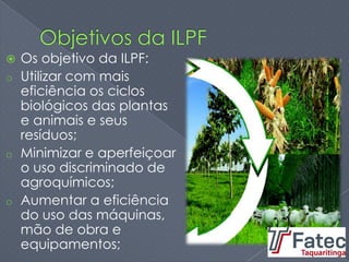  Os objetivo da ILPF:
o Utilizar com mais
eficiência os ciclos
biológicos das plantas
e animais e seus
resíduos;
o Minimizar e aperfeiçoar
o uso discriminado de
agroquímicos;
o Aumentar a eficiência
do uso das máquinas,
mão de obra e
equipamentos;
 