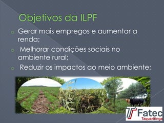 o Gerar mais empregos e aumentar a
renda;
o Melhorar condições sociais no
ambiente rural;
o Reduzir os impactos ao meio ambiente;
 
