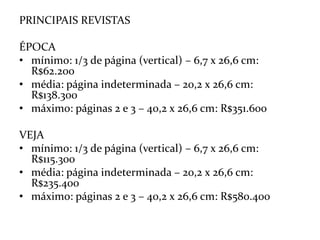 PRINCIPAIS REVISTASÉPOCAmínimo: 1/3 de página (vertical) – 6,7 x 26,6 cm: R$62.200média: página indeterminada – 20,2 x 26,6 cm: R$138.300máximo: páginas 2 e 3 – 40,2 x 26,6 cm: R$351.600VEJAmínimo: 1/3 de página (vertical) – 6,7 x 26,6 cm: R$115.300média: página indeterminada – 20,2 x 26,6 cm: R$235.400máximo: páginas 2 e 3 – 40,2 x 26,6 cm: R$580.400