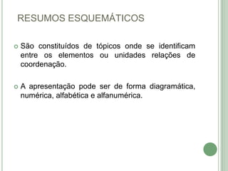 RESUMOS ESQUEMÁTICOSSão constituídos de tópicos onde se identificam entre os elementos ou unidades relações de coordenação.A apresentação pode ser de forma diagramática, numérica, alfabética e alfanumérica. 