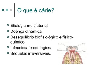 O que é cárie?
 Etiologia multifatorial;
 Doença dinâmica;
 Desequilíbrio biofisiológico e físico-
químico;
 Infecciosa e contagiosa;
 Sequelas irreversíveis.
 
