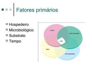 Fatores primários
 Hospedeiro
 Microbiológico
 Substrato
 Tempo
 