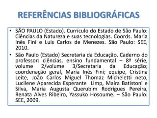 REFERÊNCIAS BIBLIOGRÁFICAS
• SÃO PAULO (Estado). Currículo do Estado de São Paulo:
Ciências da Natureza e suas tecnologias. Coords. Maria
Inês Fini e Luis Carlos de Menezes. São Paulo: SEE,
2010.
• São Paulo (Estado) Secretaria da Educação. Caderno do
professor: ciências, ensino fundamental – 8ª série,
volume 2/volume 3/Secretaria da Educação;
coordenação geral, Maria Inês Fini; equipe, Cristina
Leite, João Carlos Miguel Thomaz Micheletti neto,
Lucilene Aparecida Esperante Limp, Maíra Batistoni e
Silva, Maria Augusta Querubim Rodrigues Pereira,
Renata Alves Ribeiro, Yassuko Hosoume. – São Paulo:
SEE, 2009.
 