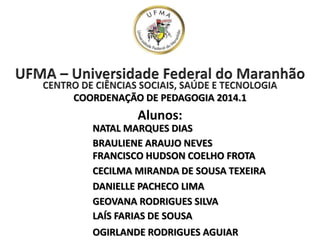 NATAL MARQUES DIAS
FRANCISCO HUDSON COELHO FROTA
Alunos:
COORDENAÇÃO DE PEDAGOGIA 2014.1
BRAULIENE ARAUJO NEVES
CECILMA MIRANDA DE SOUSA TEXEIRA
DANIELLE PACHECO LIMA
GEOVANA RODRIGUES SILVA
LAÍS FARIAS DE SOUSA
OGIRLANDE RODRIGUES AGUIAR
 