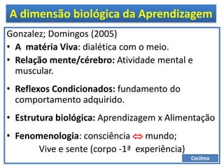 A dimensão biológica da Aprendizagem
Gonzalez; Domingos (2005)
• A matéria Viva: dialética com o meio.
• Relação mente/cérebro: Atividade mental e
muscular.
• Reflexos Condicionados: fundamento do
comportamento adquirido.
• Estrutura biológica: Aprendizagem x Alimentação
• Fenomenologia: consciência  mundo;
Vive e sente (corpo -1ª experiência)
Cecilma
 