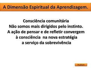 Hudson
Consciência comunitária
Não somos mais dirigidos pelo instinto.
A ação de pensar e de refletir convergem
à consciência na nova estratégia
a serviço da sobrevivência
 