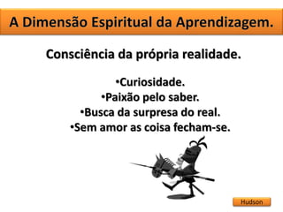 Hudson
Consciência da própria realidade.
•Curiosidade.
•Paixão pelo saber.
•Busca da surpresa do real.
•Sem amor as coisa fecham-se.
 