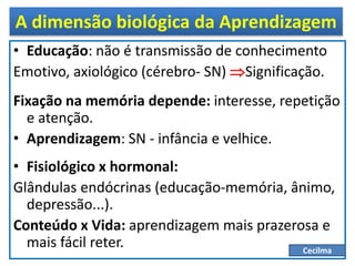 A dimensão biológica da Aprendizagem
• Educação: não é transmissão de conhecimento
Emotivo, axiológico (cérebro- SN) Significação.
Fixação na memória depende: interesse, repetição
e atenção.
• Aprendizagem: SN - infância e velhice.
• Fisiológico x hormonal:
Glândulas endócrinas (educação-memória, ânimo,
depressão...).
Conteúdo x Vida: aprendizagem mais prazerosa e
mais fácil reter. Cecilma
 
