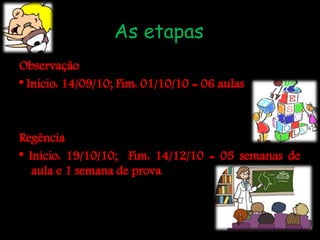 As etapas
Observação
* Início: 14/09/10; Fim: 01/10/10 = 06 aulas



Regência
* Início: 19/10/10; Fim: 14/12/10 = 05 semanas de
   aula e 1 semana de prova
 