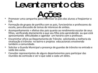 Levantamento das Ações Promover uma campanha para incentivar os pais dos alunos a freqüentar o EJA. Formação de grupos de partilha com os pais, funcionários e professores da escola, para discussão de temas de interesse de ambos. Acompanhamento + efetivo dos pais quanto ao rendimento escolar de seus filhos, verificando diariamente o que seu filho esta aprendendo  ou que está apresentando  dificuldades e agendar  um horário com o professor. Encaminhar oficio ao Departamento de Trânsito  solicitando a melhoria da sinalização d trânsito  no bairro e projetos  educacionais envolvendo também a comunidade. Solicitar a Guarda Municipal a presença de guardas de trânsito na entrada e saída das aulas. Convidar representantes de alguns departamentos para participar das reuniões da comissão e ver o que cabe a cada um deles. 