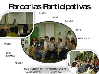 Parcerias Participativas IMESB REDE CRIANÇA CMDCA CEFA REDE SOCIAL CENPEC DEPARTAMENTO DE CULTURA DEMEC C.JCS AMBULATÓRIO DE SAÚDE MENTAL 