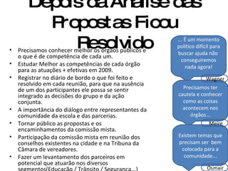 Depois da Análise das Propostas Ficou Resolvido Precisamos conhecer melhor os órgãos públicos e o que é de competência de cada um. Estudar Melhor as competências de cada órgão para as atuações + efetivas em 2009. Registrar no diário de bordo o que foi feito e resolvido em cada reunião, para que na ausência de um dos participantes ele possa se sentir integrado as decisões do grupo e da ação conjunta. A importância do diálogo entre representantes da comunidade da escola e das parcerias. Tornar público as propostas e os encaminhamentos da comissão mista. Participação da comissão mista em reunião dos conselhos existentes na cidade e na Tribuna da Câmara de vereadores. Fazer um levantamento dos parceiros em potencial que atuarão nos diversos segmentos(Educação / Trânsito / Segurança...) ... É um momento político difícil para buscar ajuda não  conseguiremos nada agora! Precisamos ter cautela e conhecer como as coisas acontecem nos órgãos... Existem temas que precisam ser  bem colocada para a comunidade... Wagner Meire Osmair 