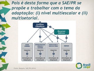 Pois é desta forma que a SAE/PR se
propõe a trabalhar com o tema da
adaptação: (i) nível multiescalar e (ii)
multisetorial.
Fonte: Margulis, SAE/PR (2014)
 