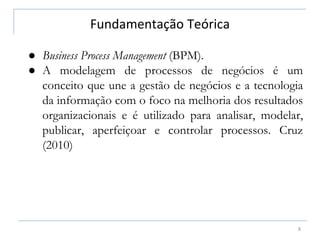 Fundamentação Teórica
8
● Business Process Management (BPM).
● A modelagem de processos de negócios é um
conceito que une a gestão de negócios e a tecnologia
da informação com o foco na melhoria dos resultados
organizacionais e é utilizado para analisar, modelar,
publicar, aperfeiçoar e controlar processos. Cruz
(2010)
 