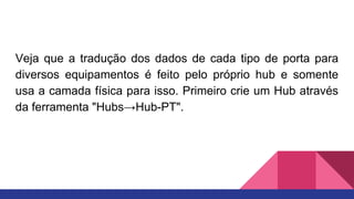 Veja que a tradução dos dados de cada tipo de porta para
diversos equipamentos é feito pelo próprio hub e somente
usa a camada física para isso. Primeiro crie um Hub através
da ferramenta "Hubs→Hub-PT".
 