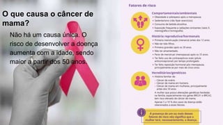 O que causa o câncer de
mama?
Não há um causa única. O
risco de desenvolver a doença
aumenta com a idade, sendo
maior a partir dos 50 anos.
 