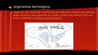 Argumentos Morfológicos
Contornos das costas dos continentes separados por oceanos que parecem
poder encaixar como peças de um puzzle, sendo mais evidente entre as
costas atlânticas de África e América do Sul.

 
