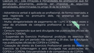 Capítulo VII – Das Infrações e Penalidades Ao profissional que for
penalizado eticamente, poderão ser impostas as seguintes
penalidades, determinadas no artigo 18 da lei 5.905/73.
• Advertência verbal: é aplicada ao profissional, de forma reservada, e
será registrada no prontuário dele, na presença de duas
testemunhas;
• Multa: obrigatoriedade de pagamento de 1 (um) a 10 (dez) vezes o
valor da anuidade da categoria profissional à qual pertence o
infrator;
• Censura: repreensão que será divulgada nas publicações oficiais do
COFEN e CORENS;
• Suspensão do Exercício Profissional: proibição do exercício de
enfermagem por um período não superior a 29 dias. Será divulgada
nas publicações oficiais do COFEN e CORENs.
• Cassação do direito do Exercício Profissional: perda do direito ao
Exercício da Enfermagem e será divulgada nas publicações do
COFEN e CORENs. Esta penalidade é de competência do COFEN.
 