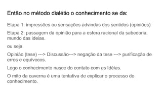 Então no método dialétio o conhecimento se da:
Etapa 1: impressões ou sensações advindas dos sentidos (opiniões)
Etapa 2: passagem da opinião para a esfera racional da sabedoria,
mundo das ideias.
ou seja
Opinião (tese) ---> Discussão---> negação da tese ---> purificação de
erros e equívocos.
Logo o conhecimento nasce do contato com as Idéias.
O mito da caverna é uma tentativa de explicar o processo do
conhecimento.
 