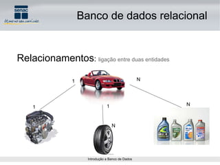 Relacionamentos :  ligação entre duas entidades 1 1 1 N N N Banco de dados relacional Banco de dados relacional 