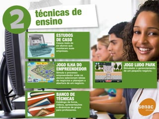 técnicas de
ensino
    ESTUDOS
    DE CASO
    Casos reais de
    ex-alunos que
    montaram suas
    empresas.




    JOGO ILHA DO               JOGO LUDO PARK
    EMPREENDEDOR               Simulador o gerenciamento
                               de um pequeno negócio.
    Simula o processo
    empreendedor onde os
    alunos selecionam ideias
    de negócios e planejam a
    abertura de um negócio.



    BANCO DE
    TÉCNICAS
    Catálogo de livros,
    vídeos, apresentações
    e dinâmicas de grupo
    para professores.
 