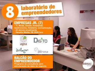 la boratório de
       empre  endedores
EMPRESAS JR. (7)
- TI, Moda, Gestão Ambiental,
Gastronomia, Hotelaria, Comunicação.
- 35 alunos anualmente
- Receita Média: R$ 350K/ano




BALCÃO DO
EMPREENDEDOR
Programa de consultoria para
estruturação da ideia de negócio.
 