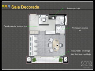 Sala Decorada             Previsão para copa




Previsão para piso elevado e forro
                                           Previsão para seguindo
                                                    w.c.




                                         Todas unidades com terraço:
                                         Maior iluminação e ventilação
 