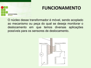 O núcleo desse transformador é móvel, sendo acoplado
ao mecanismo ou peça do qual se deseja monitorar o
deslocamento em que temos diversas aplicações
possíveis para os sensores de deslocamento.
FUNCIONAMENTO
 