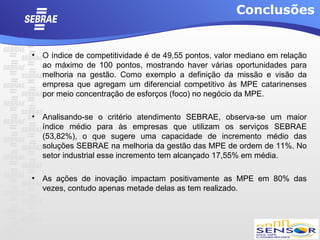Conclusões


• O índice de competitividade é de 49,55 pontos, valor mediano em relação
  ao máximo de 100 pontos, mostrando haver várias oportunidades para
  melhoria na gestão. Como exemplo a definição da missão e visão da
  empresa que agregam um diferencial competitivo às MPE catarinenses
  por meio concentração de esforços (foco) no negócio da MPE.

• Analisando-se o critério atendimento SEBRAE, observa-se um maior
  índice médio para às empresas que utilizam os serviços SEBRAE
  (53,82%), o que sugere uma capacidade de incremento médio das
  soluções SEBRAE na melhoria da gestão das MPE de ordem de 11%. No
  setor industrial esse incremento tem alcançado 17,55% em média.

• As ações de inovação impactam positivamente as MPE em 80% das
  vezes, contudo apenas metade delas as tem realizado.
 