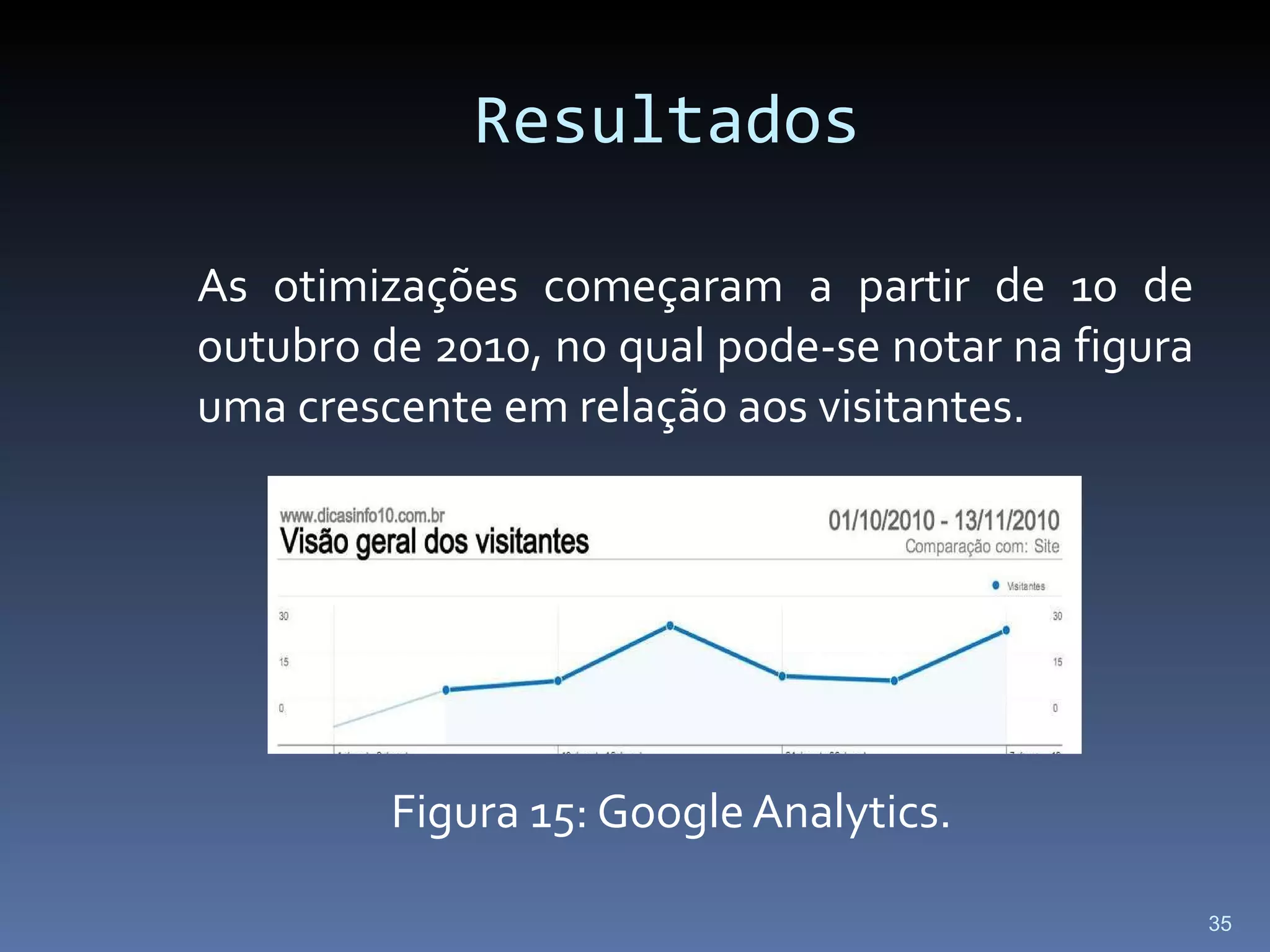 Resultados As otimizações começaram a partir de 10 de outubro de 2010, no qual pode-se notar na figura uma crescente em relação aos visitantes. Figura 15: Google Analytics. 
