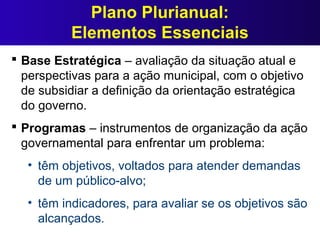Plano Plurianual:
Elementos Essenciais
 Base Estratégica – avaliação da situação atual e
perspectivas para a ação municipal, com o objetivo
de subsidiar a definição da orientação estratégica
do governo.
 Programas – instrumentos de organização da ação
governamental para enfrentar um problema:
• têm objetivos, voltados para atender demandas
de um público-alvo;
• têm indicadores, para avaliar se os objetivos são
alcançados.
 