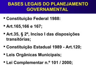 BASES LEGAIS DO PLANEJAMENTO
GOVERNAMENTAL
 Constituição Federal 1988:
 Art.165,166 e 167;
 Art.35, § 2º, Inciso I das disposições
transitórias;
 Constituição Estadual 1989 - Art.120;
 Leis Orgânicas Municipais;
 Lei Complementar n.º 101 / 2000;
 