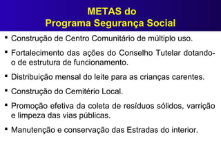 METAS do
Programa Segurança Social
 Construção de Centro Comunitário de múltiplo uso.
 Fortalecimento das ações do Conselho Tutelar dotando-
o de estrutura de funcionamento.
 Distribuição mensal do leite para as crianças carentes.
 Construção do Cemitério Local.
 Promoção efetiva da coleta de resíduos sólidos, varrição
e limpeza das vias públicas.
 Manutenção e conservação das Estradas do interior.
 