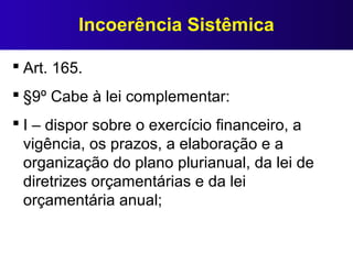 Incoerência Sistêmica
 Art. 165.
 §9º Cabe à lei complementar:
 I – dispor sobre o exercício financeiro, a
vigência, os prazos, a elaboração e a
organização do plano plurianual, da lei de
diretrizes orçamentárias e da lei
orçamentária anual;
 