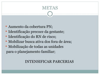 METAS Aumento da cobertura PN; Identificação precoce da gestante; Identificação do RN de risco; Mobilizar busca ativa dos fora de área; Mobilização de todas as unidades  para o planejamento familiar; INTENSIFICAR PARCERIAS 