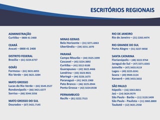 ESCRITÓRIOS REGIONAIS
ADMINISTRAÇÃO
Curitiba – 0800 41 2400
CEARÁ
Aracati – 0800 41 2400
DISTRITO FEDERAL
Brasília – (61) 3224.6737
GOIÁS
Formosa – (61) 3631.6055
Rio Verde – (64) 3621.3284
MATO GROSSO
Lucas do Rio Verde – (65) 3549.2527
Rondonópolis – (66) 3421.6377
Sorriso – (66) 3544.5356
MATO GROSSO DO SUL
Dourados – (67) 3421.7145
MINAS GERAIS
Belo Horizonte – (31) 3271.6063
Uberlândia – (34) 3231.1070
PARANÁ
Campo Mourão – (44) 3525.3399
Cascavel – (45) 3224.3892
Curitiba – (41) 3312-9100
Guarapuava – (42) 3622.4466
Londrina – (43) 3323.9021
Maringá – (44) 3226.1673
Paranaguá – (41) 3423.1900
Pato Branco – (46) 3225.0944
Ponta Grossa – (42) 3224.0538
PERNAMBUCO
Recife – (81) 3222.7515
RIO DE JANEIRO
Rio de Janeiro – (21) 2263.4474
RIO GRANDE DO SUL
Porto Alegre – (51) 3227.9058
SANTA CATARINA
Florianópolis – (48) 3222.9764
Jaraguá do Sul – (47) 3371.0265
Joinville – (47) 3433.9119
Lages – (49) 3225.0241
Seara – (49) 9949.3124
Xanxerê – (49) 3433.5632
SÃO PAULO
Itápolis – (16) 3263.0651
Jaú – (14) 3624.9579
São Paulo - Barão – (11) 3120.5499
São Paulo - Paulista – (11) 3065.8800
Taubaté – (12) 3631.2558
 