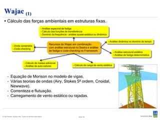 Wajac (1)
   Cálculo das forças ambientais em estruturas fixas.
                                                      - Análise espectral de fadiga
                                                      - Cálculo das funções de transferência
                                                      - Domínio da frequência – análise quase
                                                                                        quase-estática ou dinâmica

                                                                                                                     - Análise dinâmica no domínio do tempo
                                                             Recursos do Wajac em combinação
              - Onda centenária
              - Code-checking                                com análise estrutural no Sestra e análise
                                                             de fadiga e code-checking no Framework                       - Análise estrutural estática
                                                                                                                          - Análise de fadiga determinística


                              - Cálculo de massa adicional
                              - Análise de auto-valores                            - Cálculo de carga de vento estática



      – Equação de Morison no modelo de vigas.
      – Várias teorias de ondas (Airy, Stokes 5ª ordem, Cnoidal,
        Newwave).
      – Correnteza e flutuação.
      – Carregamento de vento estático ou rajadas.




© Det Norske Veritas Ltda. Todos os direitos reservados.                                Slide 26
 