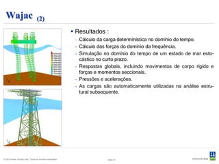 Wajac                           (2)
                                                            Resultados :
                                                            - Cálculo da carga determinística no domínio do tempo.
                                                            - Cálculo das forças do domínio da frequência.
                                                            - Simulação no domínio do tempo de um estado de mar esto-
                                                              cástico no curto prazo.
                                                            - Respostas globais, incluindo movimentos de corpo rígido e
                                                              forças e momentos seccionais.
                                                            - Pressões e acelerações.
                                                            - As cargas são automaticamente utilizadas na análise estru-
                                                              tural subsequente.




© Det Norske Veritas Ltda. Todos os direitos reservados.                  Slide 27
 