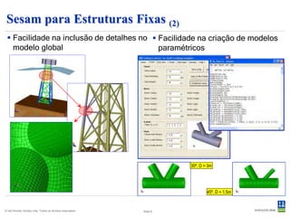 Sesam para Estruturas Fixas (2)
  Facilidade na inclusão de detalhes no  Facilidade na criação de modelos
   modelo global                           paramétricos




                                                                     30º, D = 3m




                                                                             45º, D = 1.5m


© Det Norske Veritas Ltda. Todos os direitos reservados.   Slide 6
 